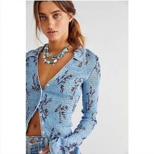 Free People Sky Blue Floral Button-Down Top